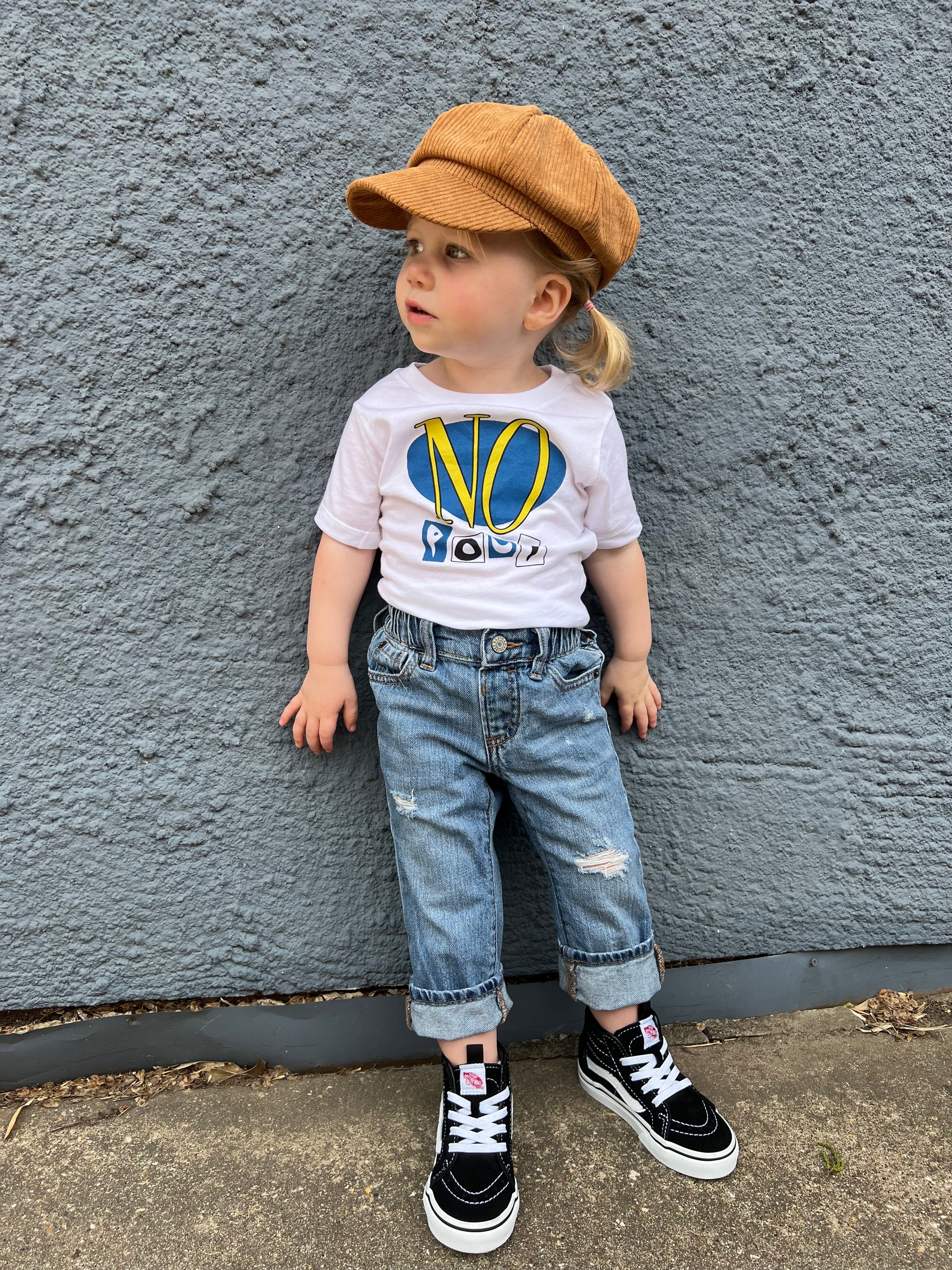 toddler wearing a no pout tshirt