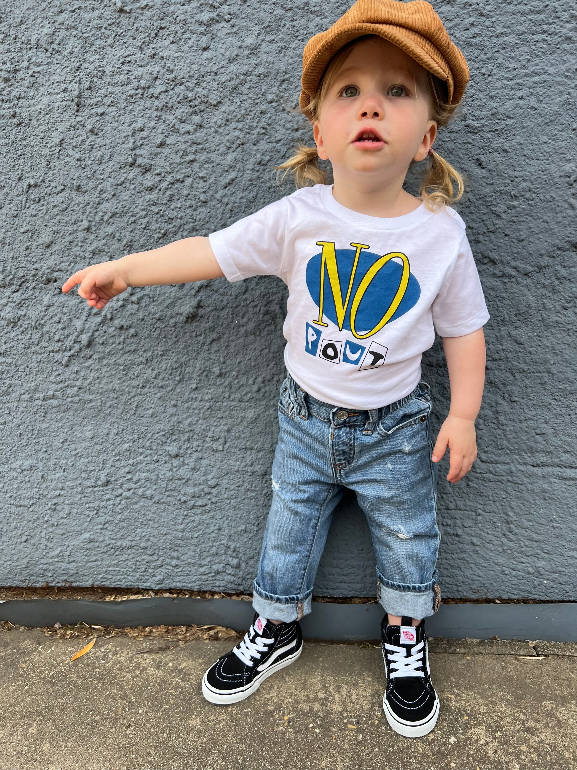 toddler wearing a no doubt pun tshirt