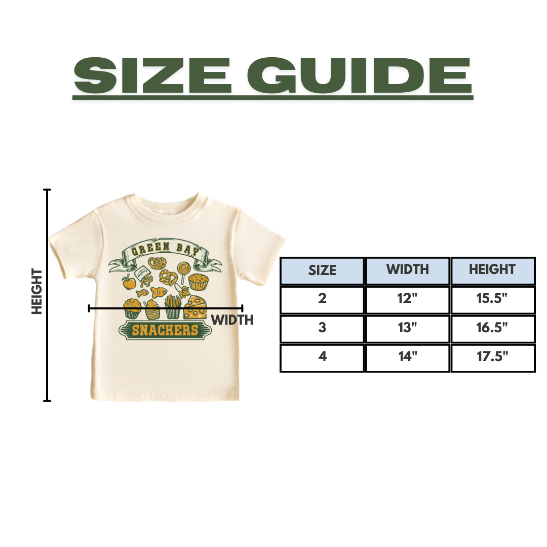 size guide for the green bay snackers toddler t-shirt