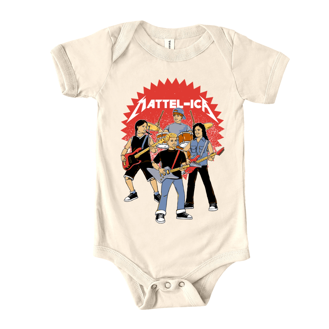 baby onesie with illustration of ken dolls dressed as metallica