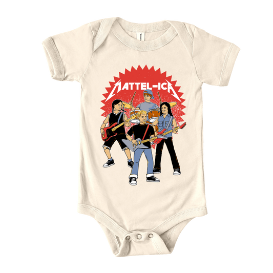 baby onesie with illustration of ken dolls dressed as metallica